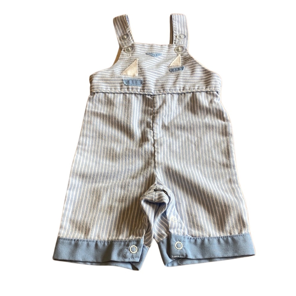 Vintage Disney Kids Baby Size Newborn Infant Blue White Striped Overalls Boats